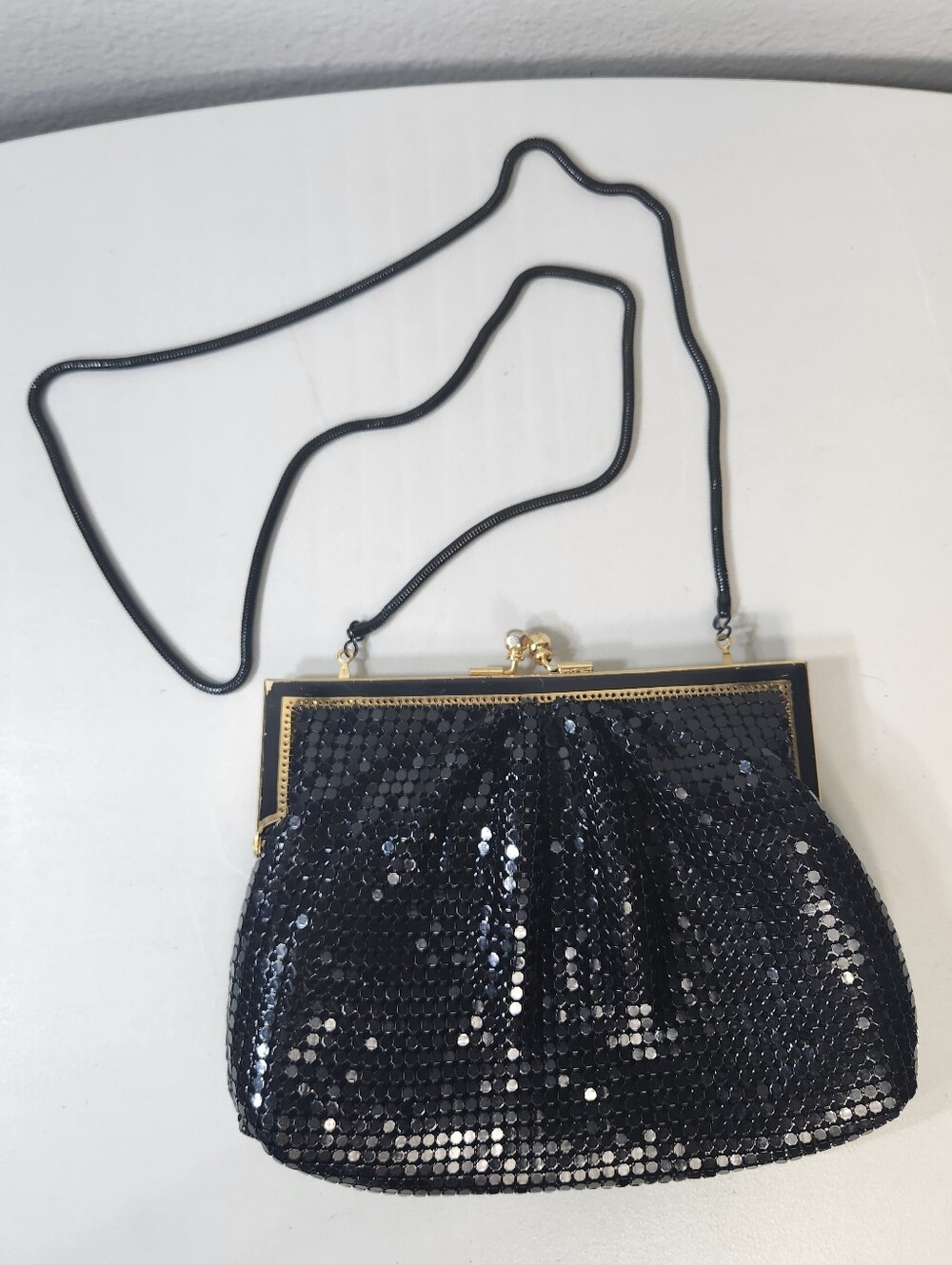 Vintage MCM Black/Gold Mesh Kisslock Snake Chain Evening Purse